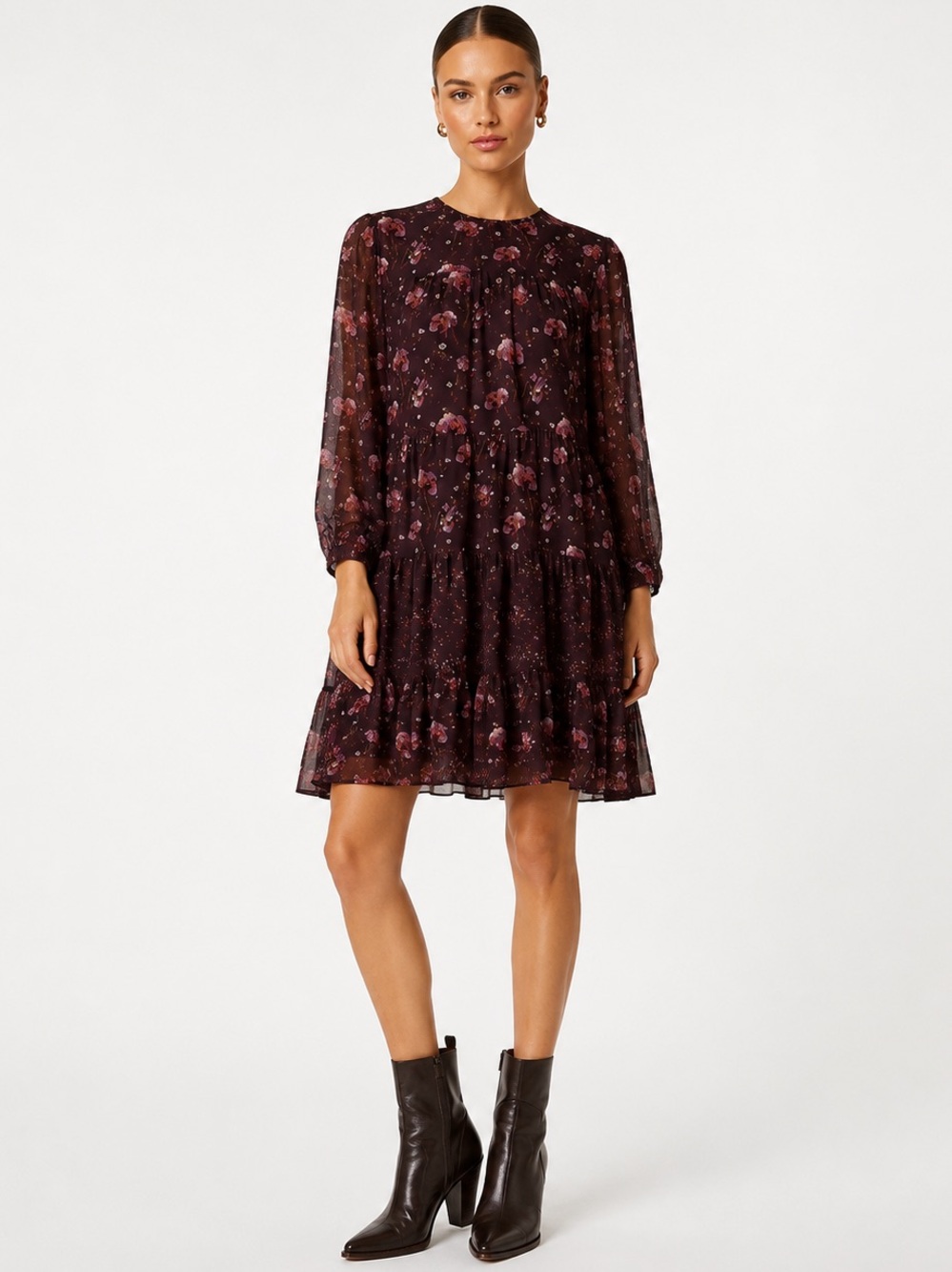 Ulla Johnson Silk Floral Tiered Long-Sleeve Dress in Deep Plum size 6
